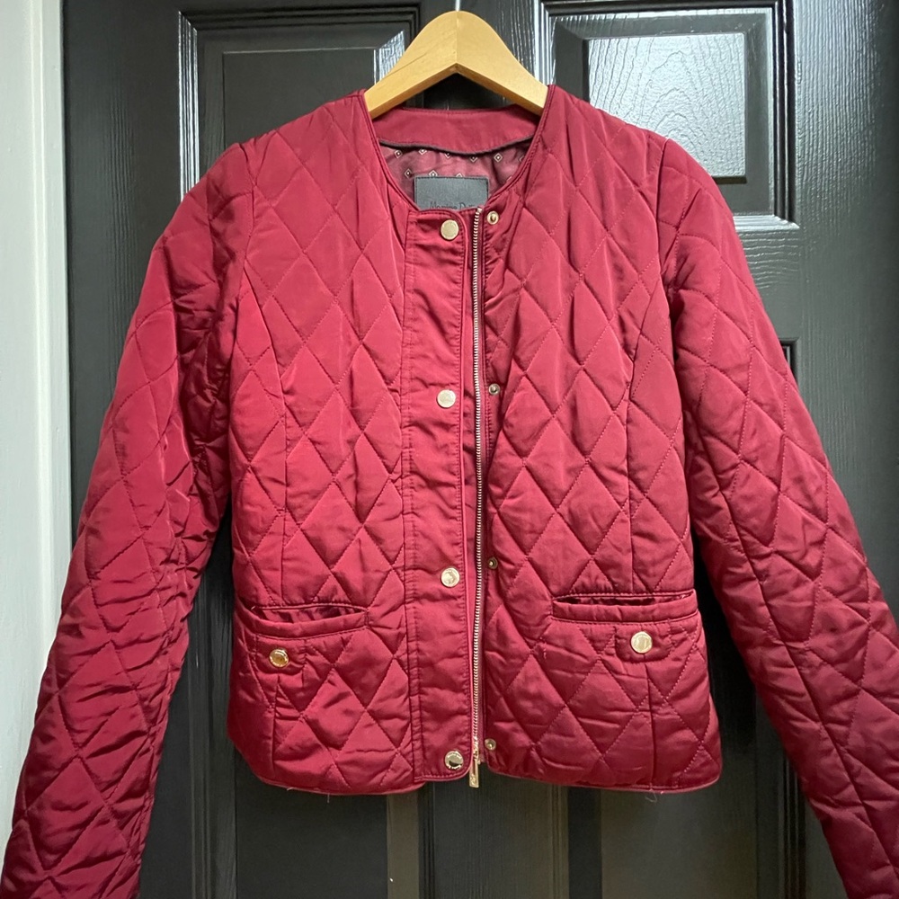 Massimo Dutti Burgundy Short Quilted Puffer Jacket